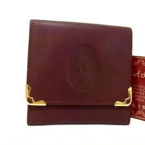Cartier Burgundy Leather Coin Pouch with Gold Corners